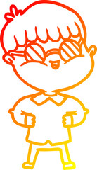 warm gradient line drawing of a cartoon boy wearing spectacles