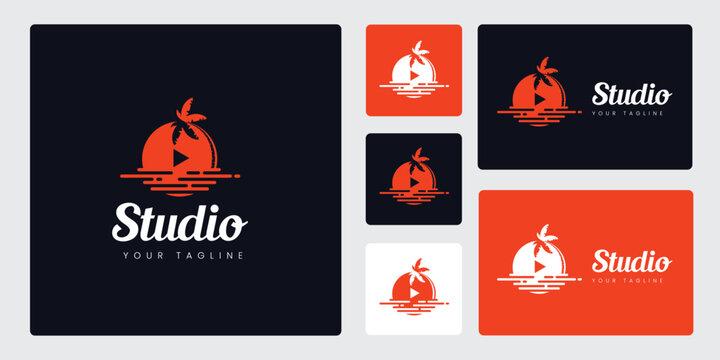 Set Logo Studio, Sunset on the Beach, Suitable for Logos of Companies Engaged in Video Maker Services, Podcasts, YouTubers, and Others