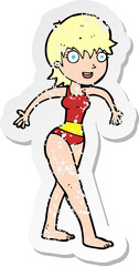 retro distressed sticker of a cartoon happy woman in swimming costume