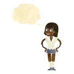 cartoon woman with hands on hips with thought bubble