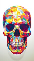 skull portrait with vivid colors oil painting and natural materials, Rainbow geometric architectures blend with organic shapes, Geometric structures and multicolored prints