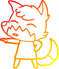 warm gradient line drawing of a cartoon fox in dress pointing