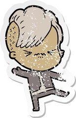 distressed sticker of a cartoon annoyed hipster girl wearing space suit