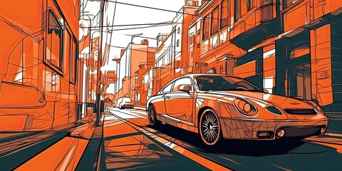 Fototapeta na wymiar Trend illustration car in the city, interesting angle, vector style. AI