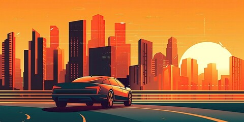 Obraz na płótnie Canvas Trend illustration car in the city, interesting angle, vector style. AI