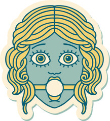 sticker of tattoo in traditional style of female face wearing a ball gag