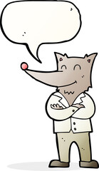 cartoon wolf in shirt with speech bubble