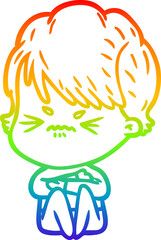 rainbow gradient line drawing of a cartoon frustrated woman