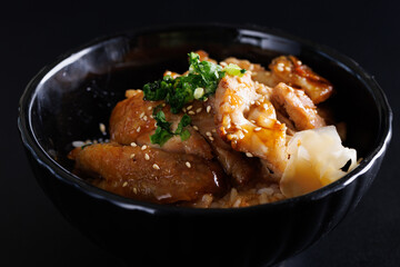 Grilled Chicken teriyaki rice Japanese food isolated in black background