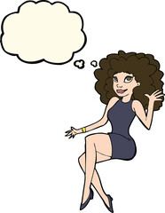 cartoon sitting woman waving with thought bubble
