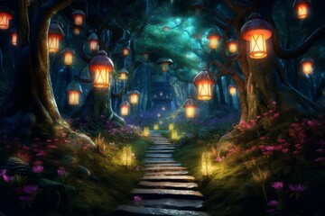 Naklejka premium Enchanting and mysterious forest scene. Beautiful illustration picture. Generative AI