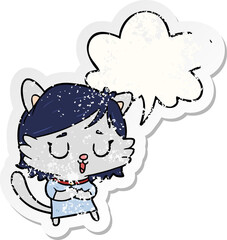 cartoon cat girl with speech bubble distressed distressed old sticker