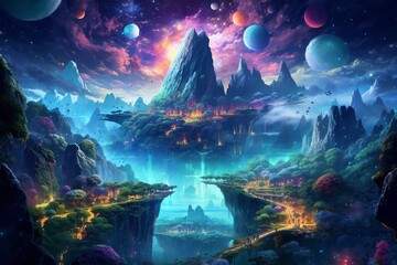 Otherwordly landscape with colorful mountains and planets in the sky. Beautiful illustration picture. Generative AI