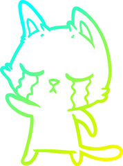 cold gradient line drawing of a crying cartoon cat pointing
