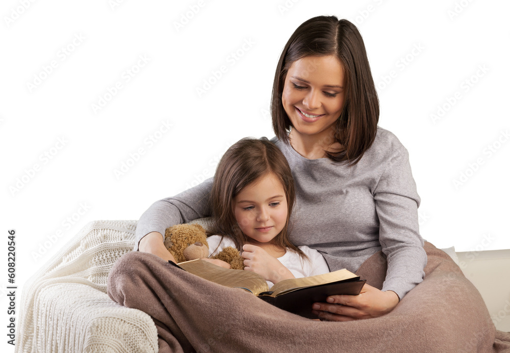 Poster Young mother and child girl reading a book in bed before going to sleep