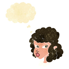 cartoon suspicious woman with thought bubble