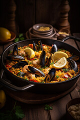 Seafood paella on wooden table. Moody light. Generative AI