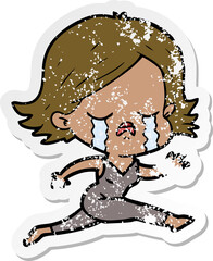 distressed sticker of a cartoon girl crying whilst running