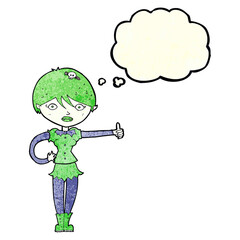 cartoon vampire girl giving thumbs up symbol with thought bubble