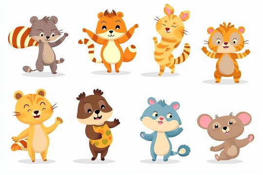 Many of the animals in cartoon style. Baby bear, tiger, lion, monkey, penguin, raccoon. Beautiful illustration picture. Generative AI