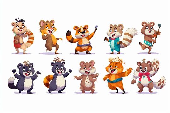 Many of the animals in cartoon style. Baby bear, tiger, lion, monkey, penguin, raccoon. Beautiful illustration picture. Generative AI