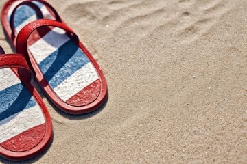Fototapeta na wymiar Red white and blue flip flops on the sand. Generative AI