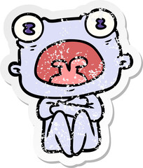 distressed sticker of a cartoon weird alien huddled up