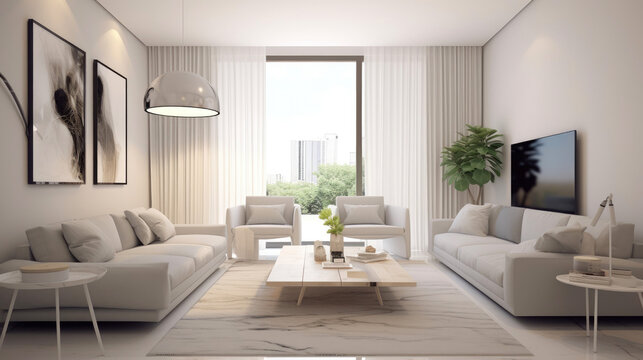 Spacious living area with clean lines, a neutral color palette, and uncluttered surfaces. Generative AI