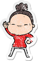 distressed sticker of a cartoon peaceful old woman