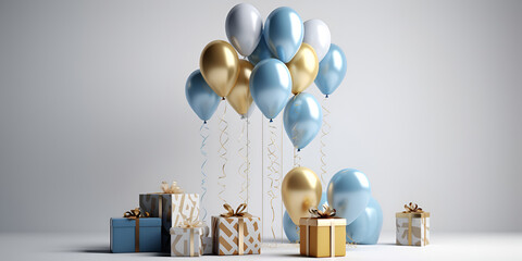 Many gifts and helium balloons for birthday greeting card Generative AI