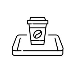 Food delivery. Order coffee online in mobile app. Takeaway cup on smartphone. Pixel perfect, editable stroke simple icon