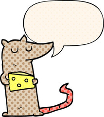 cartoon mouse with cheese with speech bubble in comic book style