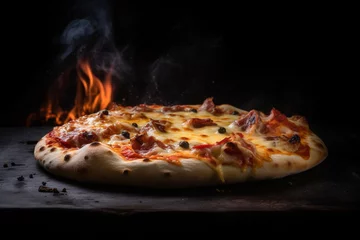 Foto op Plexiglas Pizza in wood fired oven. Flames and smoke. Generative AI © marcin jucha