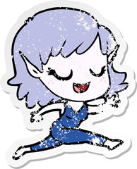 distressed sticker of a happy cartoon elf girl running
