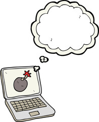 freehand drawn thought bubble cartoon laptop computer with error screen
