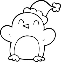 line drawing cartoon penguin wearing christmas hat