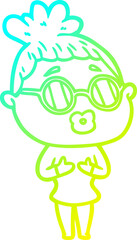 cold gradient line drawing of a cartoon woman wearing spectacles