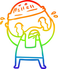 rainbow gradient line drawing of a cartoon bearded man crying