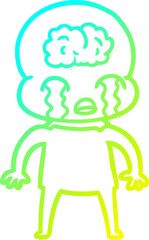 cold gradient line drawing of a cartoon big brain alien crying