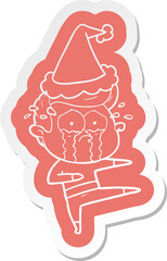 quirky cartoon  sticker of a crying dancer wearing santa hat