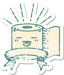 worn old sticker of a tattoo style toilet paper character