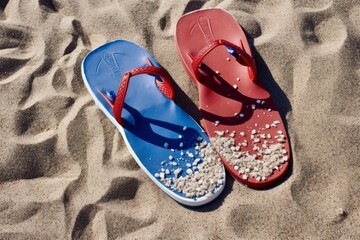 Fototapeta na wymiar Red white and blue flip flops on the sand. Generative AI