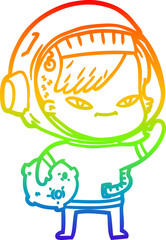 rainbow gradient line drawing of a cartoon astronaut woman