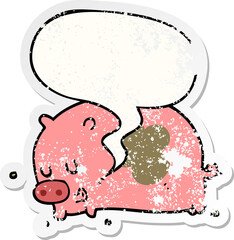 cute cartoon pig with speech bubble distressed distressed old sticker