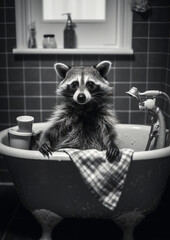 Raccoon in Bath, black and white Raccoon bathing in the bathtub, funny animal, bathroom Interior safari poster, generative ai