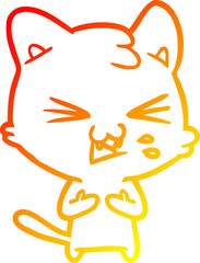 warm gradient line drawing of a cartoon cat hissing