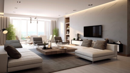 Naklejka na ściany i meble Spacious living area with clean lines, a neutral color palette, and uncluttered surfaces. Generative AI