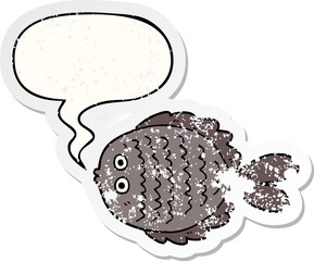 cartoon flat fish with speech bubble distressed distressed old sticker