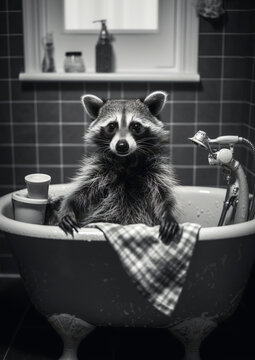Raccoon in Bath, black and white Raccoon bathing in the bathtub, funny animal, bathroom Interior safari poster, generative ai