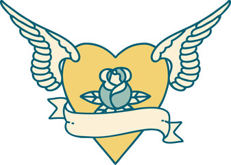 iconic tattoo style image of heart with wings a rose and banner